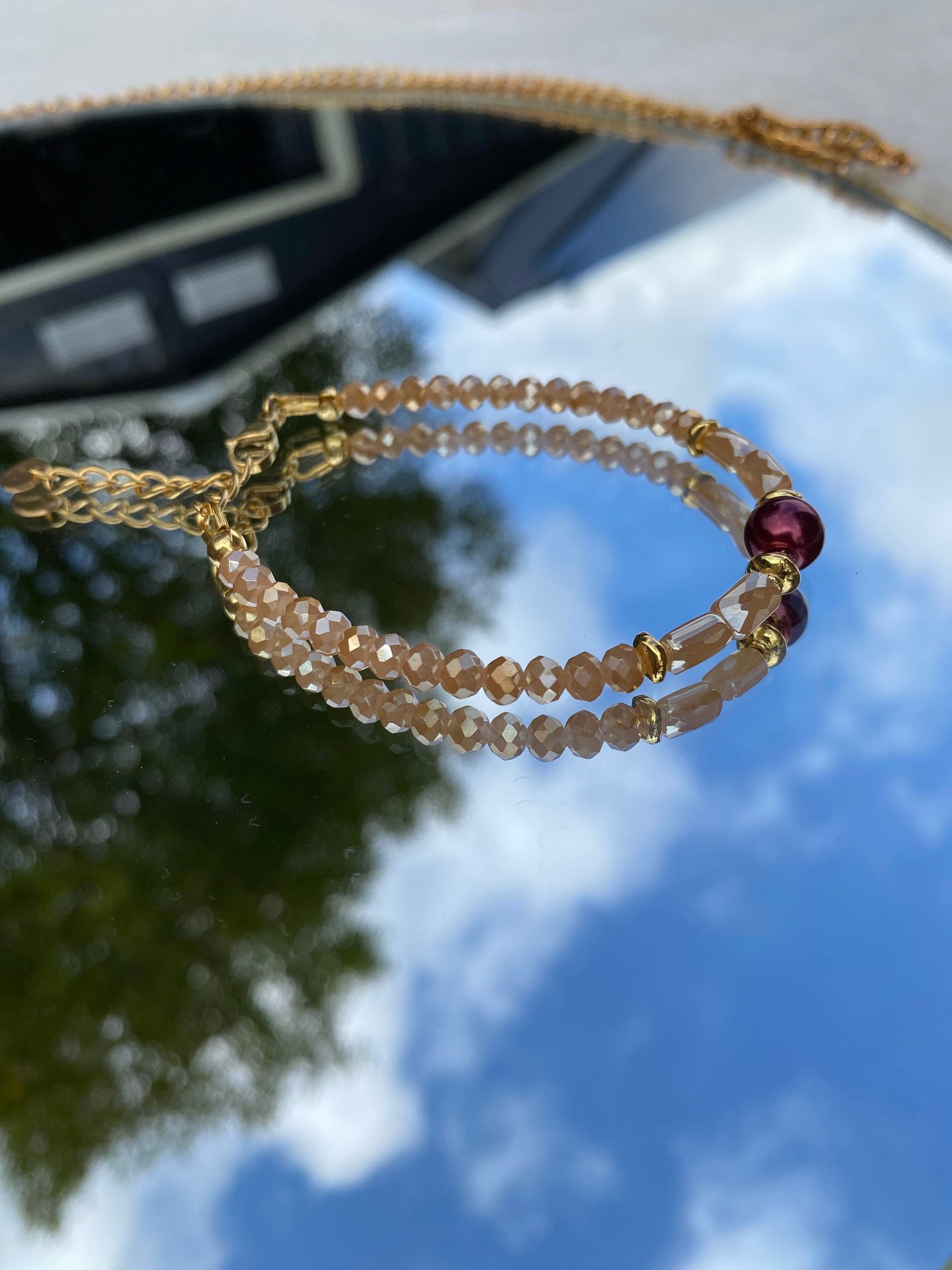 Beige Bracelet, Burgundy Crystal