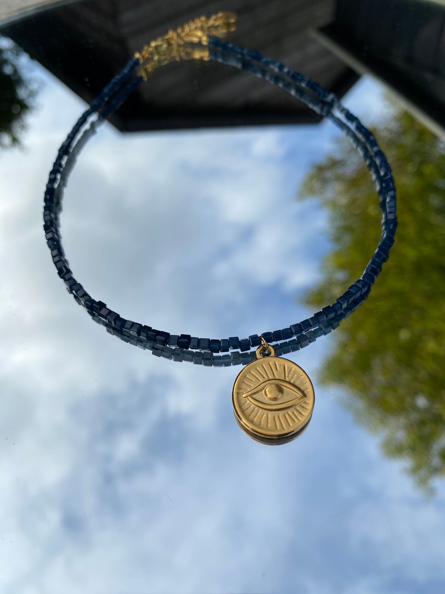 Evil Eye Necklace, blue square glass beads