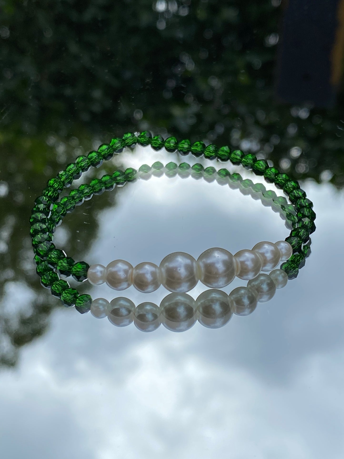 Bracelet, green glass beads, glass pearl