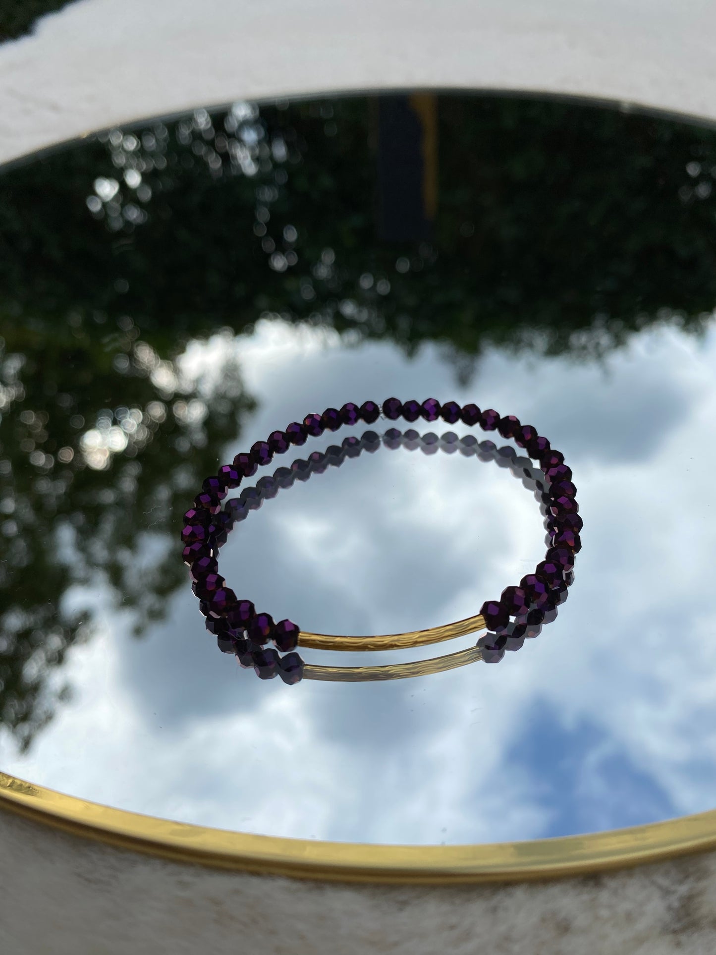 Purple glass Beads Bracelet, Gold Tube