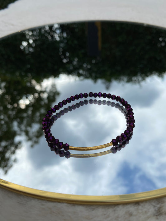 Purple glass Beads Bracelet, Gold Tube