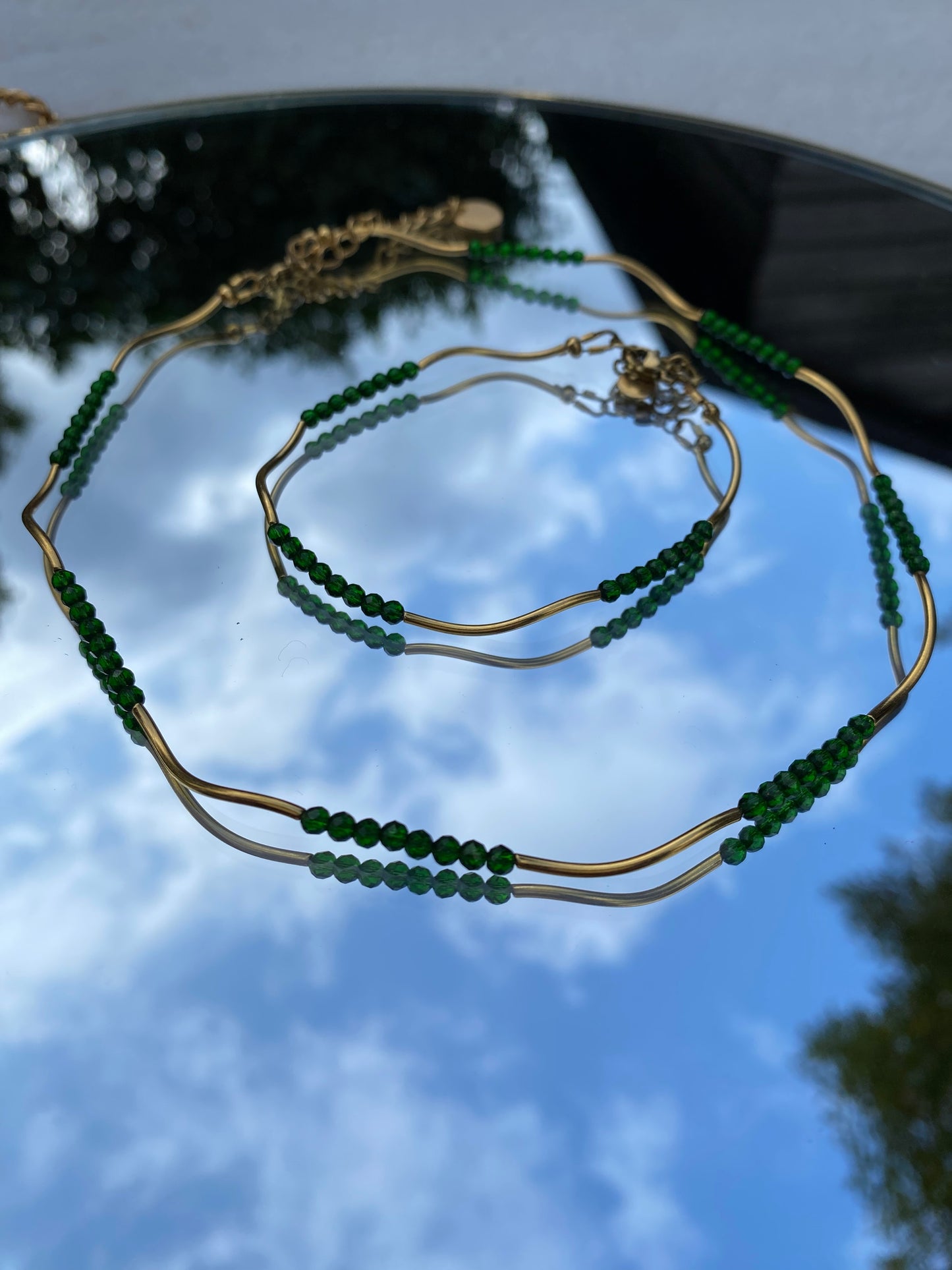 Gold Wavy Bracelet, Green glass Beads