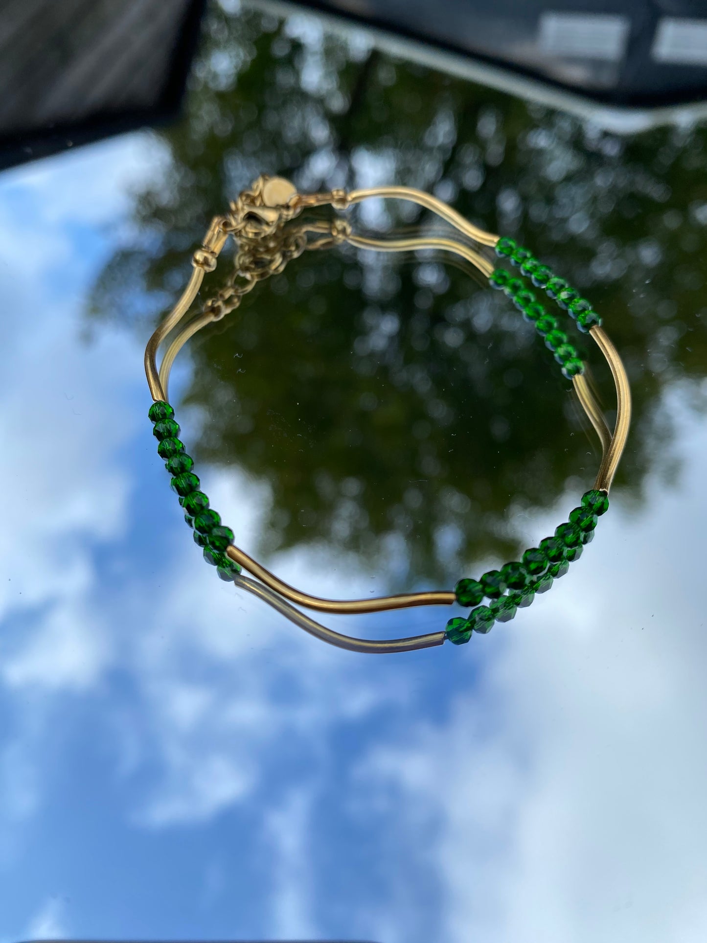 Gold Wavy Bracelet, Green glass Beads