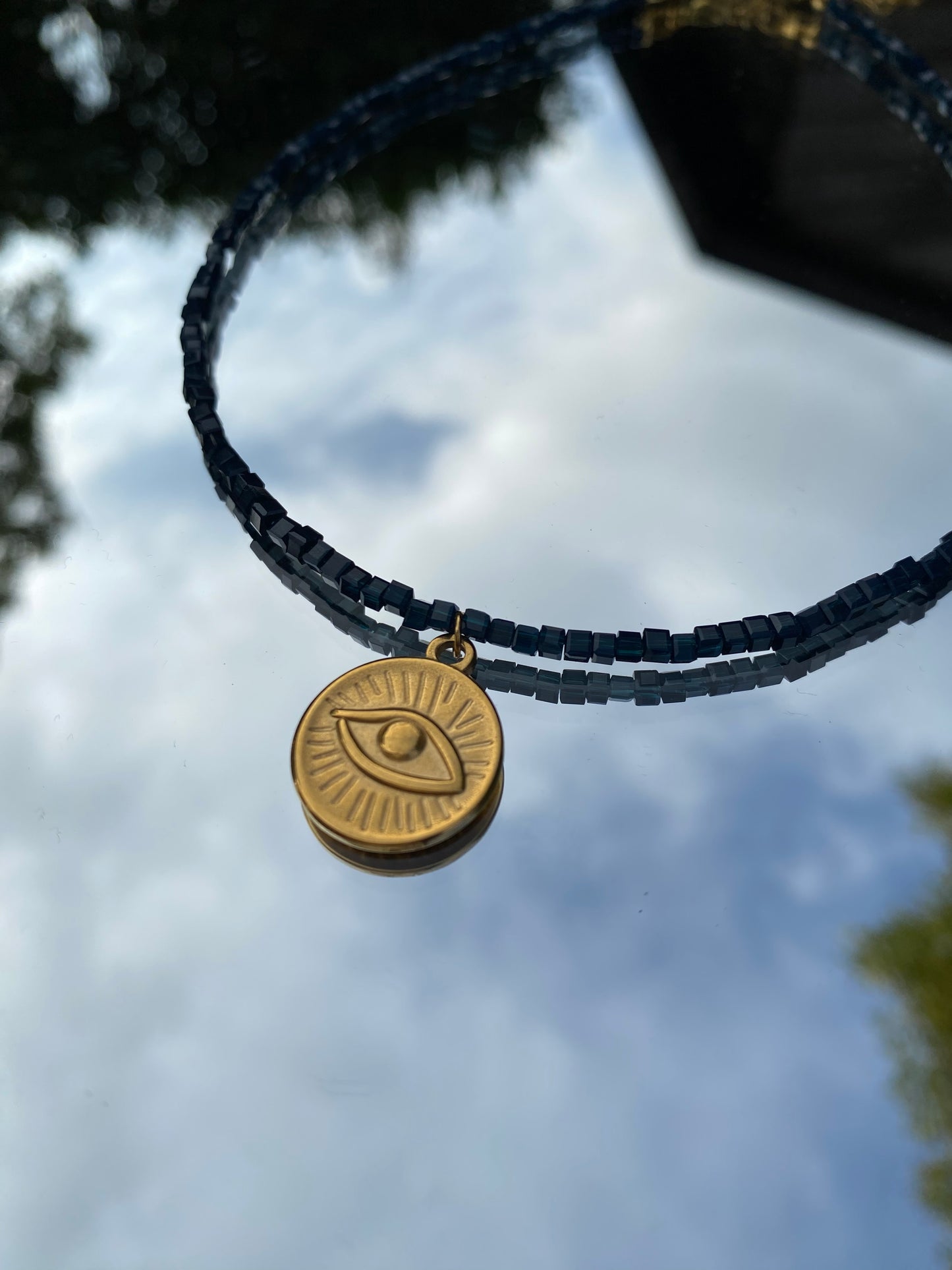 Evil Eye Necklace, blue square glass beads