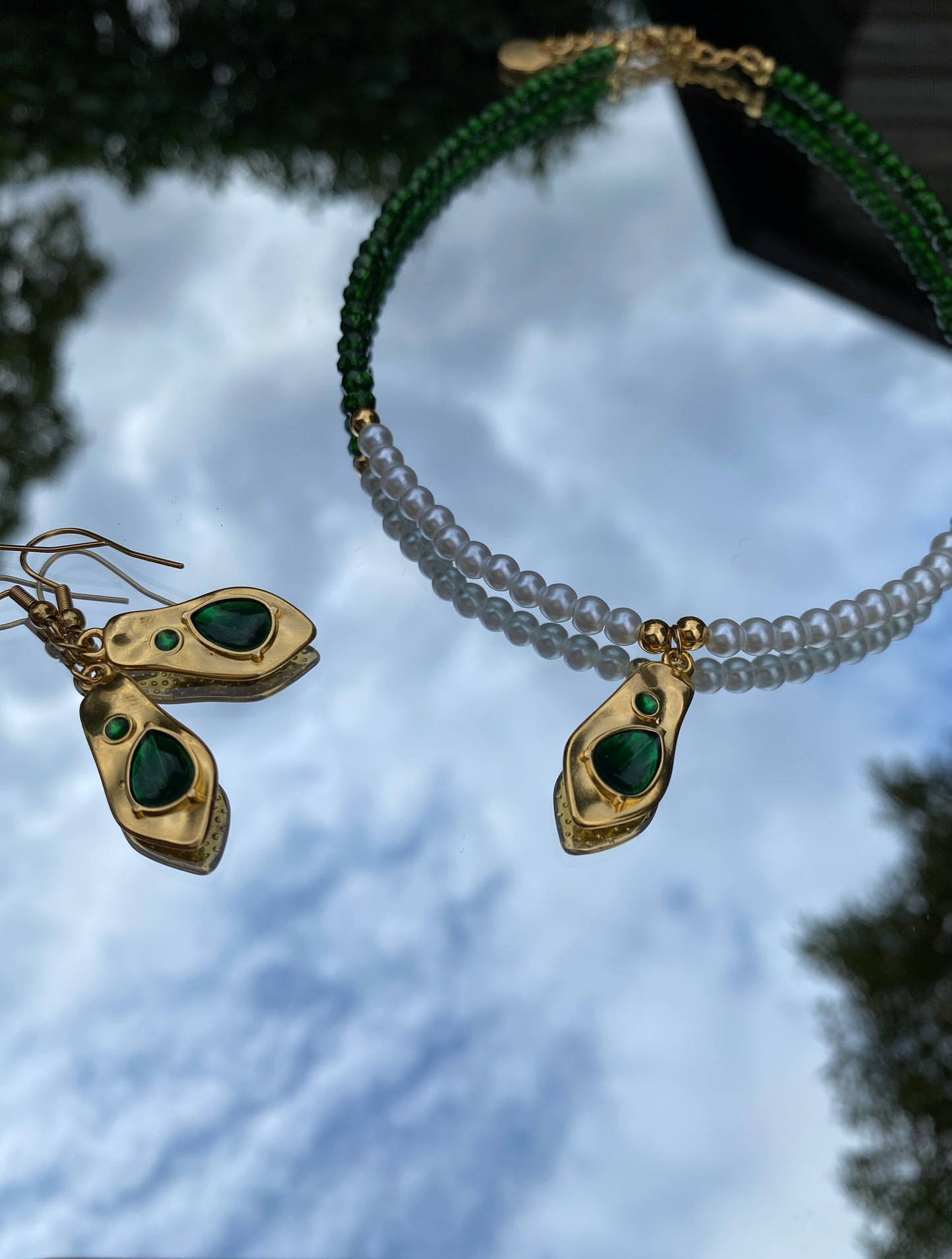 Green Crystal, Gold Drop Earring