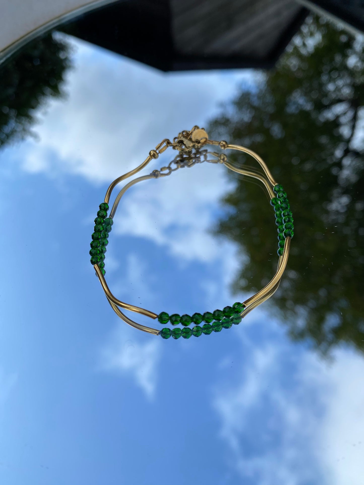 Gold Wavy Bracelet, Green glass Beads