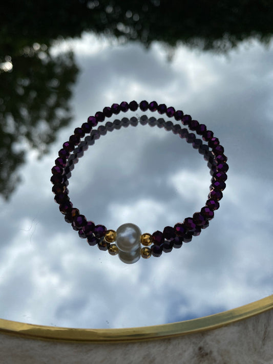 White Pearl, Purple elastic Bracelet,