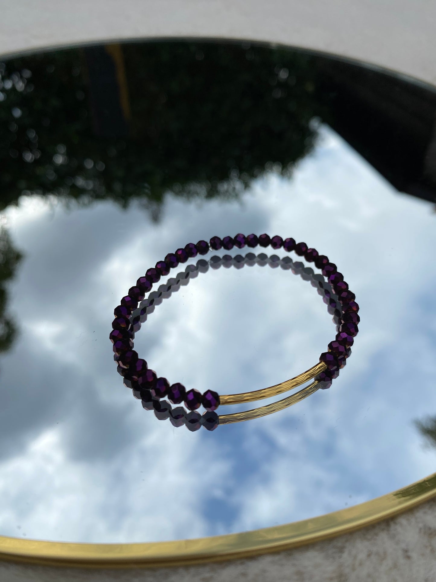 Purple glass Beads Bracelet, Gold Tube