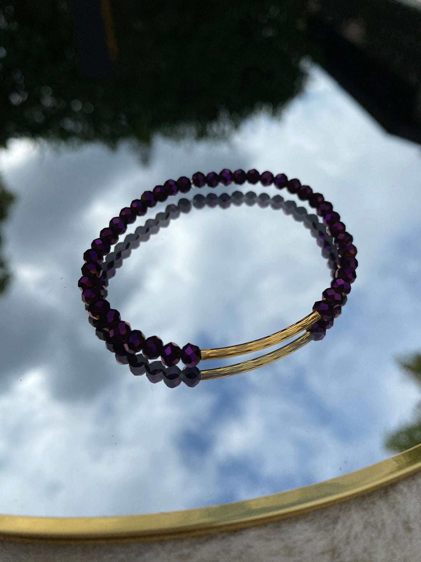 Purple glass Beads Bracelet, Gold Tube