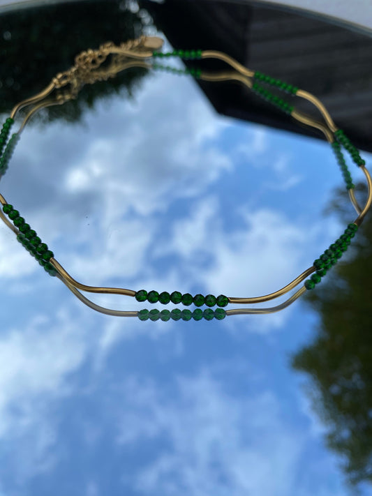 Gold Wavy Necklace, Green Beads