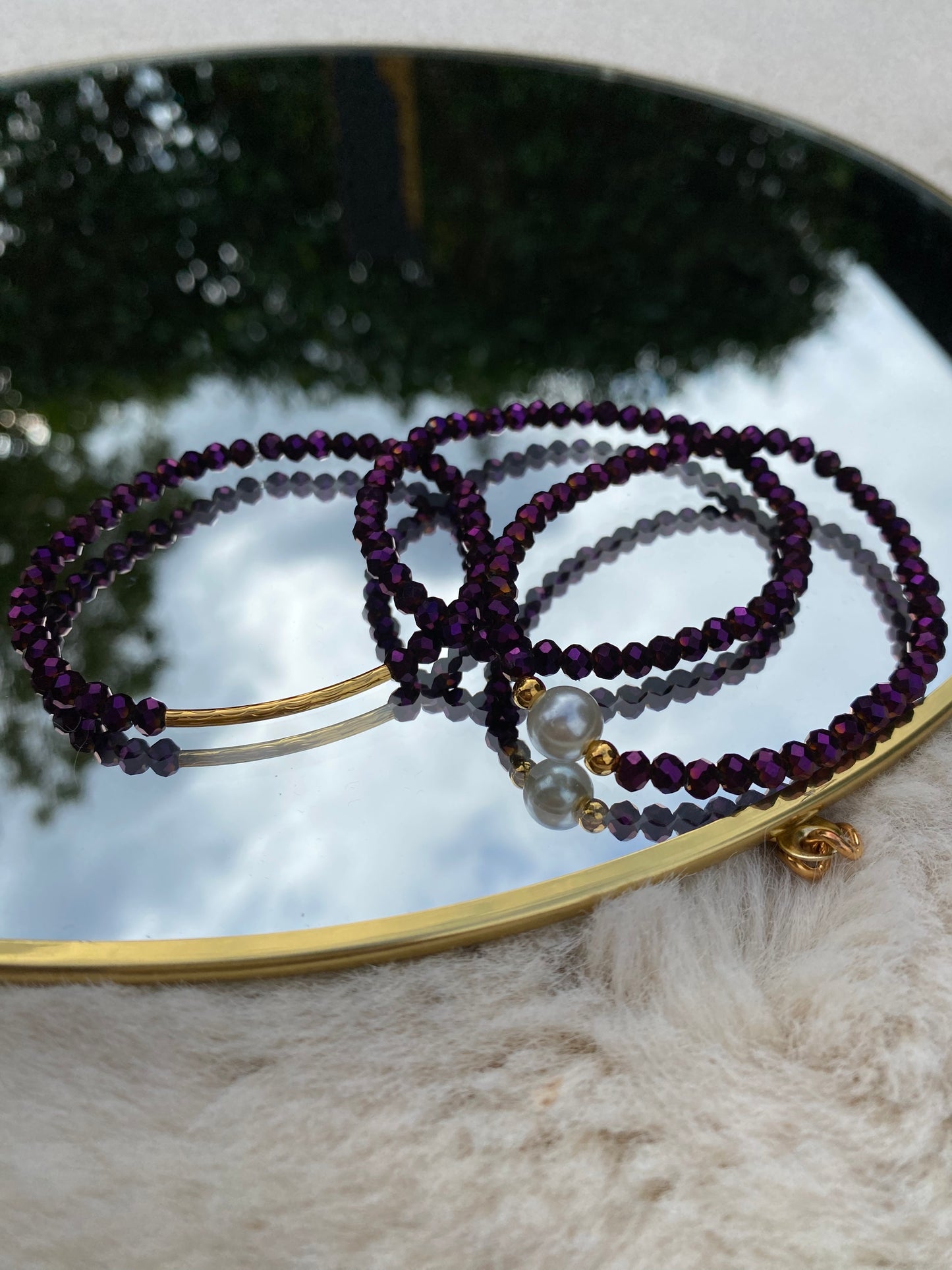 Purple glass Beads Bracelet, Gold Tube