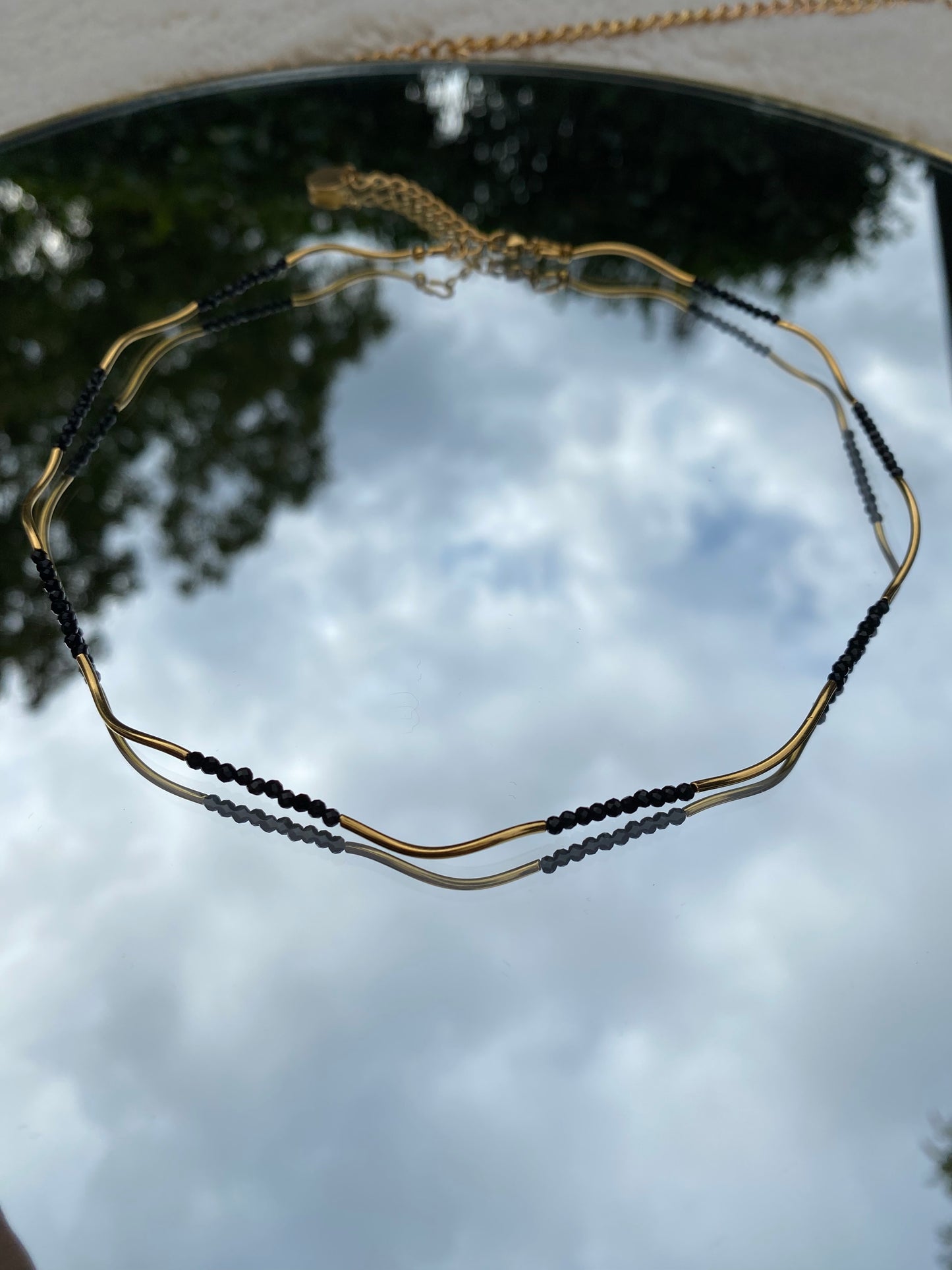 Gold Wavy Necklace, Black  beads