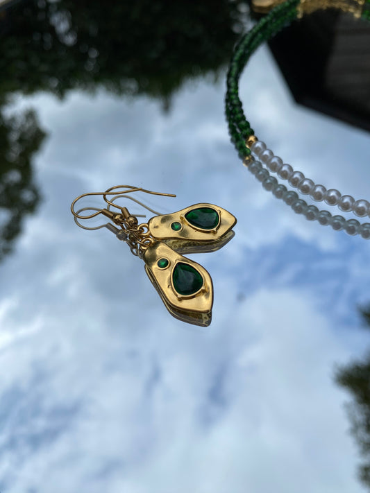 Green Crystal, Gold Drop Earring