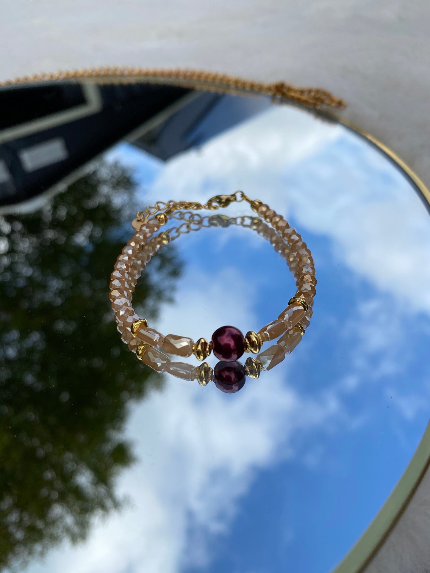 Beige Bracelet, Burgundy Crystal