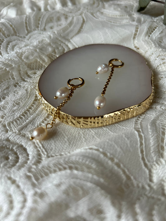 White Freshwater Pearl, Huggie/ Dangle Earrings