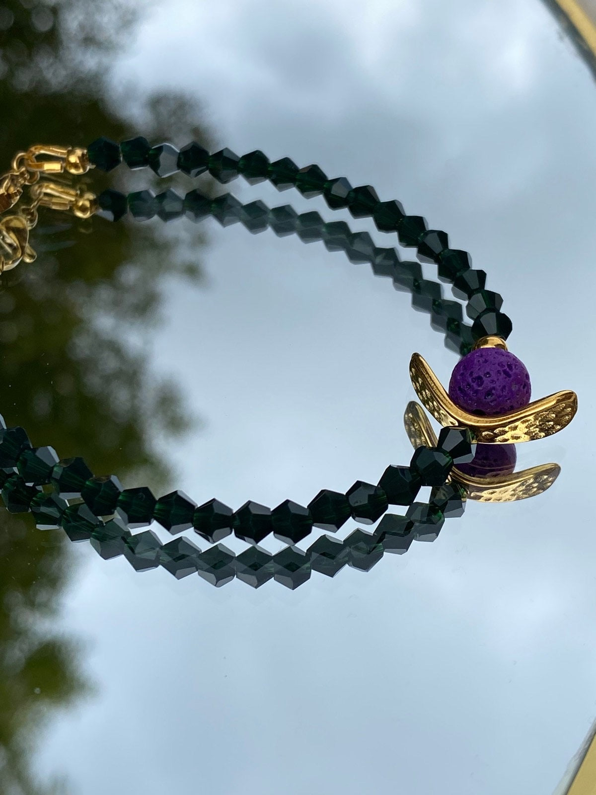 Purple Lava Stone, Green Bracelet, Gold Details