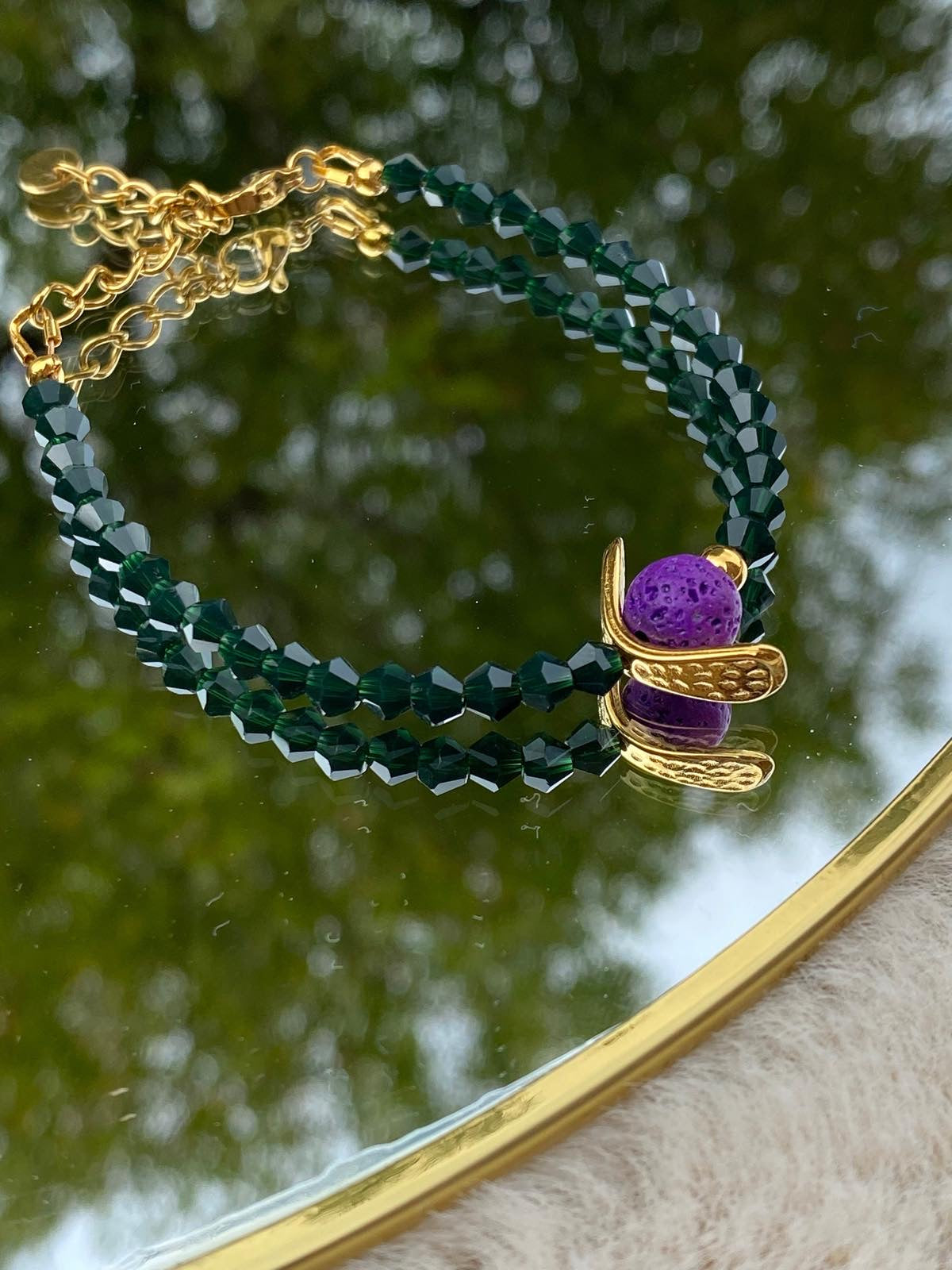 Purple Lava Stone, Green Bracelet, Gold Details