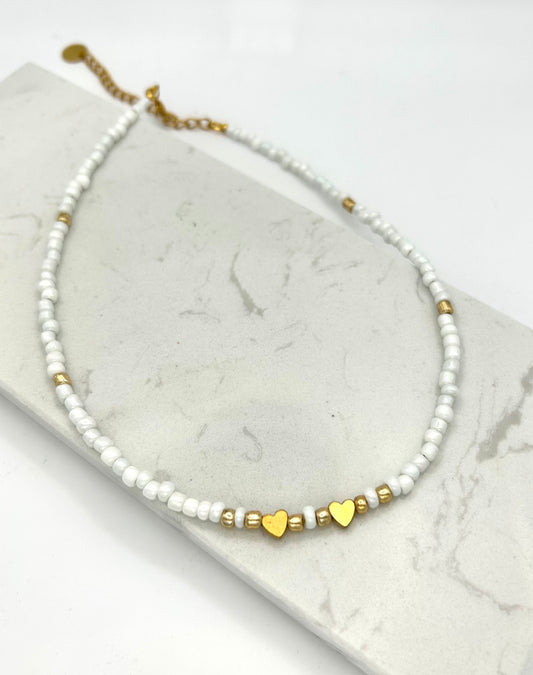 White and Gold Heart Necklace,  Hematite Stone, Perfect Love Gift