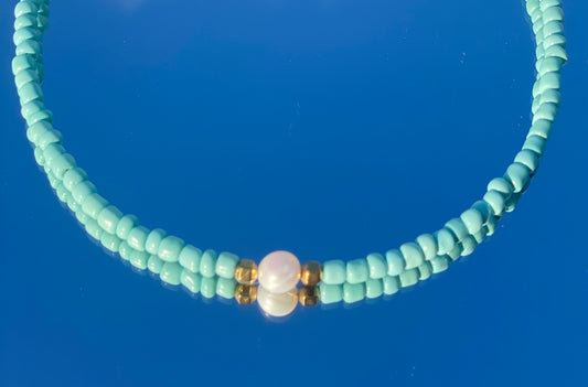 Turquoise Pearl Necklace, Pearl and Glass Beads