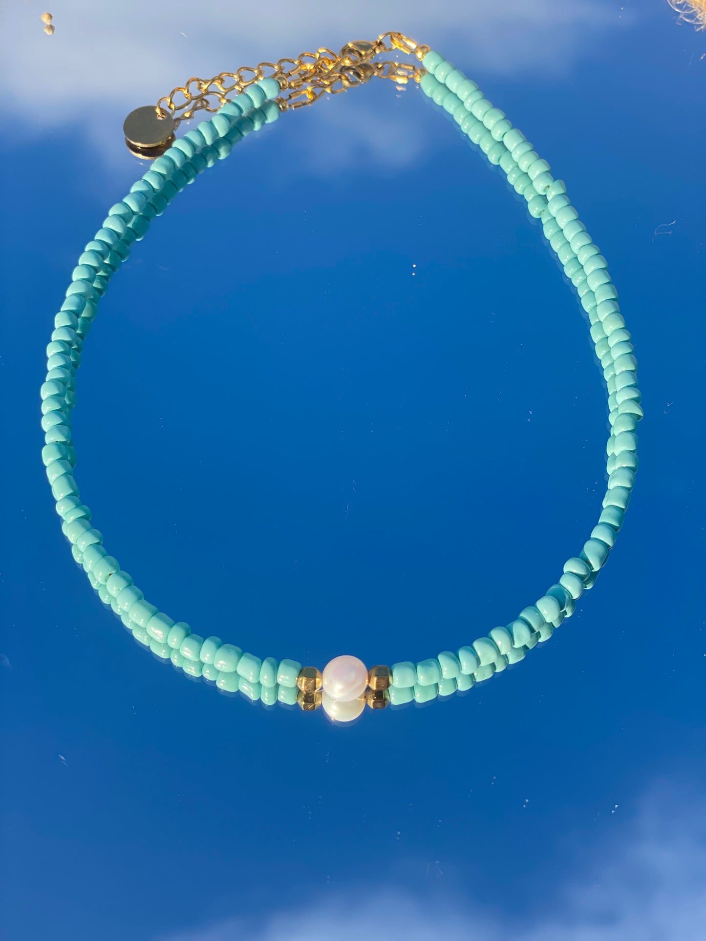 Turquoise Pearl Necklace, Pearl and Glass Beads